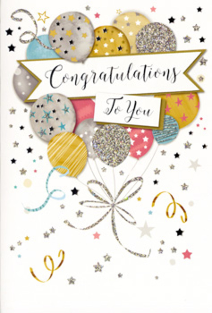 The congratulations card in this scene is illustrated as if it were a bouquet of balloons rather than blooms, offering a soft, sparkling tribute to life's proud moments in Redbridge. In the centre, a cluster of rounded balloons floats upward, overlapping in a gentle, cloud-like arrangement of warm gold, muted silver, champagne, clear sky blue, rosy blush pink, and subtle grey. Each balloon carries its own decoration-fine stripes, clusters of tiny stars, and delicate glittering spots-creating the impression of depth and texture, as though the ink itself has a slight shimmer. Thin metallic ribbons cascade from beneath the balloon cluster, curling into graceful loops of gold and silver that twist together much like the curling ribbons we tie around congratulatory bouquets at Florist Redbridge. Surrounding this central arrangement, the pale background is sprinkled with minuscule stars, swirls, and confetti-like dots that dance around the composition, suggesting a gentle breeze drifting through a party in a house near Ilford or Newbury Park. A flowing banner arcs across the middle of the balloons, bearing the phrase "Congratulations To You" in elegant, looping script, its lettering adding a sense of formality and heartfelt sincerity. The entire design feels light, luminous, and uplifting, ideal for pairing with fresh flowers to celebrate exam success, a promotion, or a special achievement. It captures the emotion of those moments when friends and family gather to share pride and joy, much like the gatherings we often hear about when delivering flowers across Redbridge's tree-lined streets.