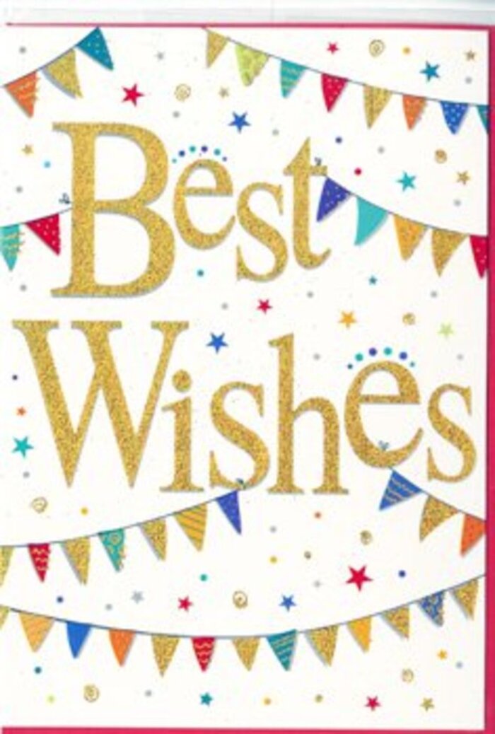 In this photograph, a celebratory "Best Wishes" card exudes bright optimism, echoing the lively yet relaxed atmosphere you might find wandering around Redbridge on a weekend. The card is built on a smooth, white background that keeps everything feeling fresh and contemporary. Centered proudly, the phrase "Best Wishes" is written in wide, sweeping gold script, the strokes thick enough to show off their glittered embossing. You can almost imagine the slight grainy texture under your fingers, as the metallic finish shimmers like tiny flecks of sunlight reflecting off leaves in Valentines Park. Framing this message, soft arcs of bunting travel across the top and bottom portions of the card. Each bunting strand is composed of small, pointed triangles, carefully arranged so their tips gently aim toward the golden lettering. The flags display a joyful palette-royal blue, cherry red, grass green, marigold yellow, and hints of blush pink and teal-some shaded solid, others enhanced with understated patterns: tidy dots, slender stripes, or geometric clusters that suggest thoughtful handmade craftsmanship. Interspersed among these curved lines of colour are petite stars and round confetti marks, sprinkled lightly as if drifting to rest after a joyful cheer at a local Redbridge celebration. Most of these tiny details are rendered in metallic gold, with occasional coloured accents that echo the bunting palette, adding an extra sparkle without crowding the design. The generous white space around every element helps the eye settle on the central greeting while still conveying an unmistakable sense of festivity. This card feels ideal for acknowledging all sorts of good news-from exam success and new ventures to heartfelt congratulations on a wedding or engagement-especially when paired with a fresh bouquet delivered locally by Florist Redbridge.