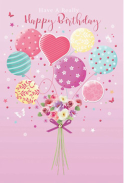 This birthday artwork feels like a scene from a Redbridge celebration translated into soft pastels and graceful shapes. The background is a smooth wash of pale pink, calm and inviting, like the early sky above Valentines Park on a bright spring morning. Rising from the centre is a cluster of pastel balloons, lifting as if buoyed by birthday wishes drifting across Gants Hill and Ilford. Each balloon has its own design: curling candy stripes that twist happily upwards, scatterings of playful polka dots that seem to dance when you look, and delicate floral and swirl motifs that echo the bouquet below. The colours-blush pink, cool sea green, warm lemon yellow, and pale lavender-are balanced so that none overwhelms the others, giving the scene a harmonious, joyful tone. Below the balloons, a hand-tied bouquet anchors the composition. Its roses and small daisy-like blooms gather in soft clusters, their petals shaded from creamy ivory to tender rose and gentle mauve, as if lit by warm indoor light in a Redbridge living room prepared for a birthday party. The imagined texture is rich and velvety, like flowers freshly delivered from a nearby florist. Around the stems, a purple satin bow adds a refined finishing touch, its shine catching the eye and tying the colours together the way a thoughtful host might tie a final ribbon on a gift. Tiny stars and faint butterflies hover around the bouquet and balloons, suggesting confetti and movement. Overall, the illustration radiates gentle festivity and affection-the kind of birthday greeting that feels personal, comforting, and quietly unforgettable.