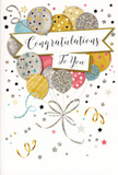This congratulations card presents a serene yet festive scene, as if a small party had been distilled into one graceful design for a Redbridge celebration. At the heart of the artwork, a cluster of round balloons rises like a balloon bouquet, layered in soft metallic and pastel tones: champagne gold, brushed silver, warm beige, sky blue, blush pink, and soft grey. Each balloon is delicately detailed with fine star patterns, slim stripes, and tiny flecks of glitter, giving the illusion of a shimmering, almost tactile surface that would feel slightly raised and glossy. Slender ribbons trail from the base of the balloon cluster in looping strands of gold and silver, curling as if gently stirred by a draft from an open window near Valentines Park or Clayhall. The background remains light and airy, scattered with small metallic stars, confetti-like dots, and swirling lines that mimic the carefree movement of streamers at a family gathering. Across the centre, a ribbon-like banner floats amidst the balloons, carrying the words "Congratulations To You" in flowing, elegant calligraphy that conveys warmth, admiration, and sincerity. The overall impression is one of gentle yet unmistakable celebration-perfect for marking milestones such as graduations, job promotions, or personal achievements. As a florist used to creating congratulatory bouquets for homes across Redbridge, I see this card as a paper companion to a fresh arrangement: an understated yet radiant way to wrap someone's hard-earned success in colour, light, and heartfelt good wishes.