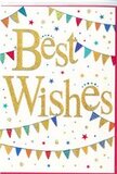 The "Best Wishes" card in this image captures the feeling of a cheerful get-together somewhere in Redbridge, translated into paper and gold. At the centre of a smooth white background, the words "Best Wishes" sweep across the card in flowing, cursive script, embossed in luminous gold. The letters look slightly raised, with a refined glitter that sparkles as though it has caught the late-day light over the rooftops near Valentines Park. Around this bright focal point, strands of bunting form gentle arcs above and below the text. Each small triangular pennant is vividly coloured-midnight blue, crimson, emerald, lemon, and soft pastel tones-with delicate interior patterns that shift between tiny dots, thin stripes, and subtle geometric motifs. The flags collectively create the impression of decorations strung up for a school fête or local festival, something you might glimpse along a side street in Redbridge on a busy summer afternoon. Between the bunting, delicate stars and tiny circular confetti marks, many in metallic gold, are sprinkled with deliberate randomness across the card. Some are clustered, while others stand alone, hinting at movement and celebration without disturbing the calming balance of white space. The design is playful yet polished, inviting without feeling childish, and it suits a wide range of happy occasions-new jobs, exam results, housewarmings, or simply sending someone your heartfelt support. Paired with a bouquet delivered to a Redbridge home or office, this card would add a visual burst of joy, its gold script and colourful bunting echoing the hopefulness and excitement that come with every new chapter.