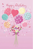 This charming birthday design looks like it was inspired by a joyful Redbridge gathering, expressed through dreamy balloons and a dainty bouquet. The background is a soft blush pink, setting a warm, affectionate tone. Floating upward from the centre, a collection of pastel balloons drifts as if lifted by birthday wishes rising over Ilford's rooftops and along the tree-lined paths of Valentines Park. Each balloon has its own playful character: some swirl with candy-coloured stripes, others sparkle with scattered polka dots, and a few carry delicate floral and swirl patterns that hint at the florist's artistic hand. The colours-gentle pink, sea green, pale yellow, and lavender-are all softly lit, their surfaces smooth and slightly glossy, giving the scene a serene glow. At the base of the balloons, a hand-tied bouquet anchors everything, as though the flowers themselves are providing the lift. Roses and small anemone-like blossoms cluster in shades of ivory, blush, and muted mauve, their petals appearing feathery and full, like fresh blooms arranged for a birthday delivery from Florist Redbridge. The stems are gathered neatly with a violet satin bow, its sheen echoing the glimmer of the balloons above and suggesting the care that goes into presenting a gift. Around the bouquet and balloons, tiny stars and faint, fluttering butterfly shapes add a sprinkle of enchantment, reminiscent of confetti gently falling at the end of a party. The entire illustration radiates lightness, sweetness, and celebration, capturing the feeling of sending heartfelt birthday wishes to someone you care for in Redbridge with pastel colour and imaginative charm.