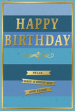 This stylish birthday card offers a serene blend of blues and golds, the kind of design you might choose to accompany a hand-delivered bouquet in Redbridge. The background is made up of broad horizontal bands of blue, subtly transitioning from rich, inky navy at the top and bottom to lighter teal and soft sky blue at the centre. This gentle ombré effect creates a sense of calm depth, as if you're looking across soft layers of colour on a quiet afternoon. In the centre of the card, the phrase "HAPPY BIRTHDAY" appears in bold, embossed gold lettering. The capitals are tall and clear, slightly raised so you can almost imagine tracing their smooth, metallic edges with your fingertips. The gold reflects light in a warm, understated way, adding a touch of gentle festivity. Directly beneath, a graceful golden flourish extends in balanced, curling lines, hinting at classic calligraphy and giving the piece a timeless, elegant air. Below this flourish, three slim gold banners are stacked vertically, each ribbon shining softly and bearing part of the message: "Relax, have a great day and enjoy!" They rest on the velvety matte blue background, creating a pleasing interplay between gloss and softness. A narrow gold border frames the entire card, holding the design together like a picture in a simple yet refined frame. You can easily imagine this card standing next to bright birthday flowers on a Redbridge dining table, its colours echoing the coolness of the morning and the warmth of shared birthday wishes.